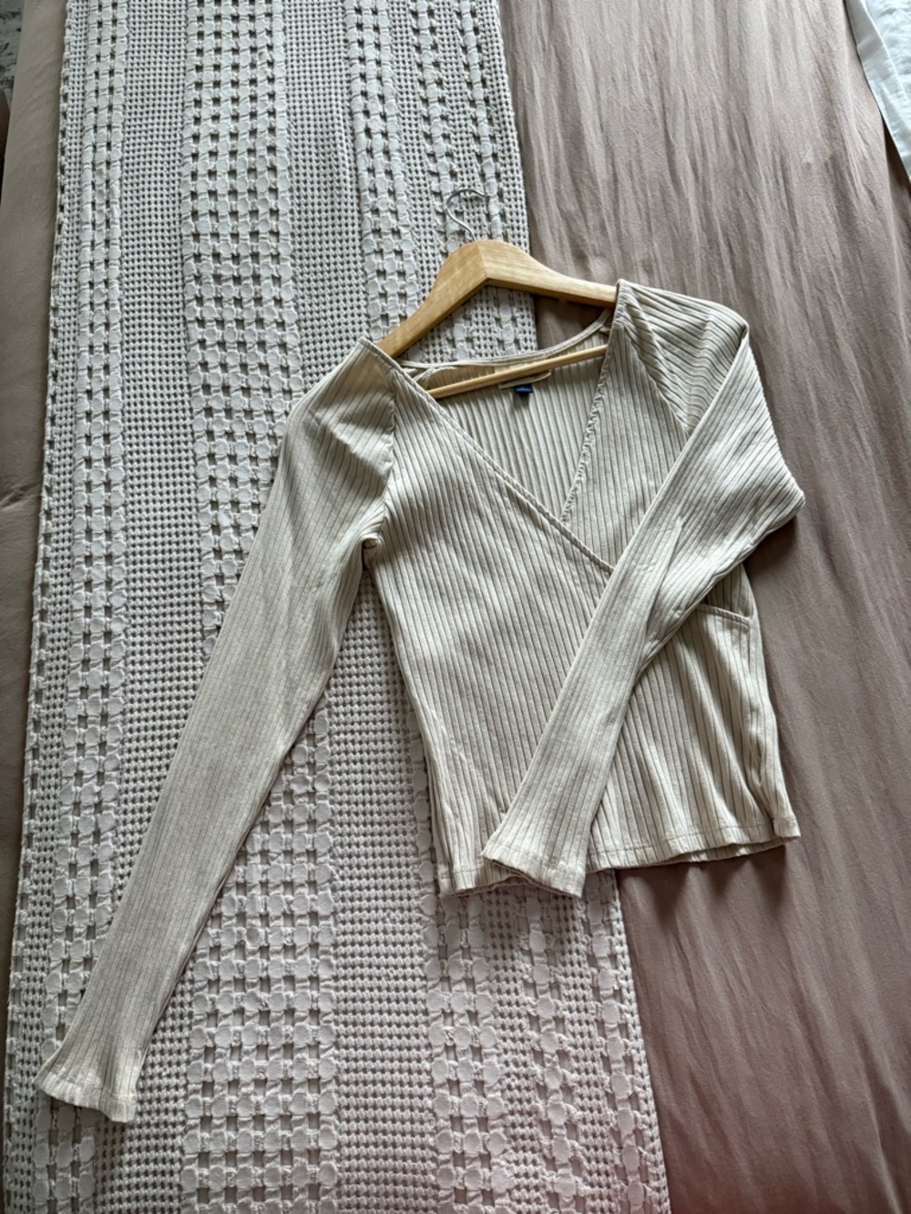 Universal Thread Tan‎ Ribbed Wrap-Front Long Sleeve Top Size S